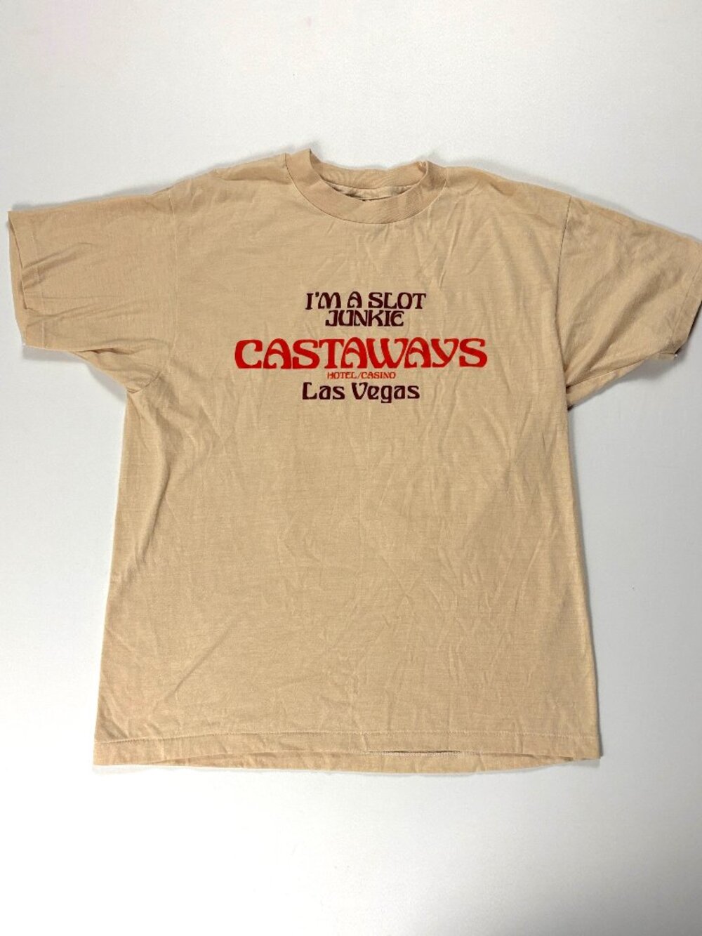 Vintage Las Vegas Castaways Hotel Casino Shirt Beige S/M (Tag L) Slot Junkie USA